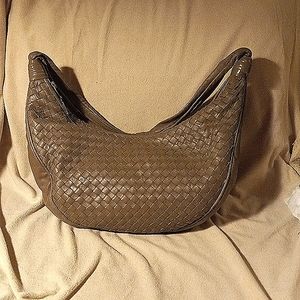 Meyers hand woven taupe hobo handbag. Butter soft leather. Made in Italy.